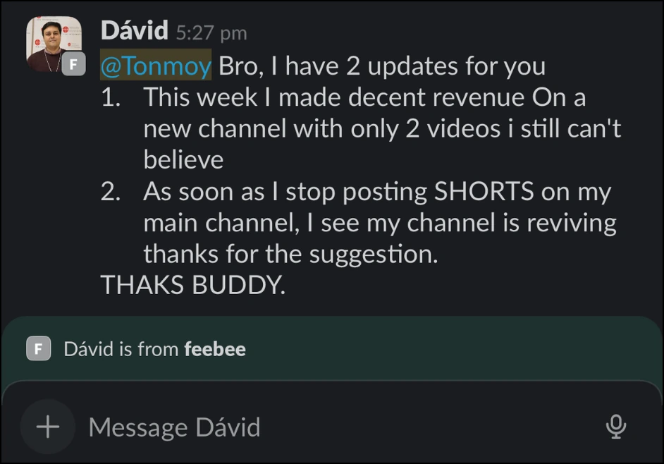 Discord community testimonial post praising channel progress